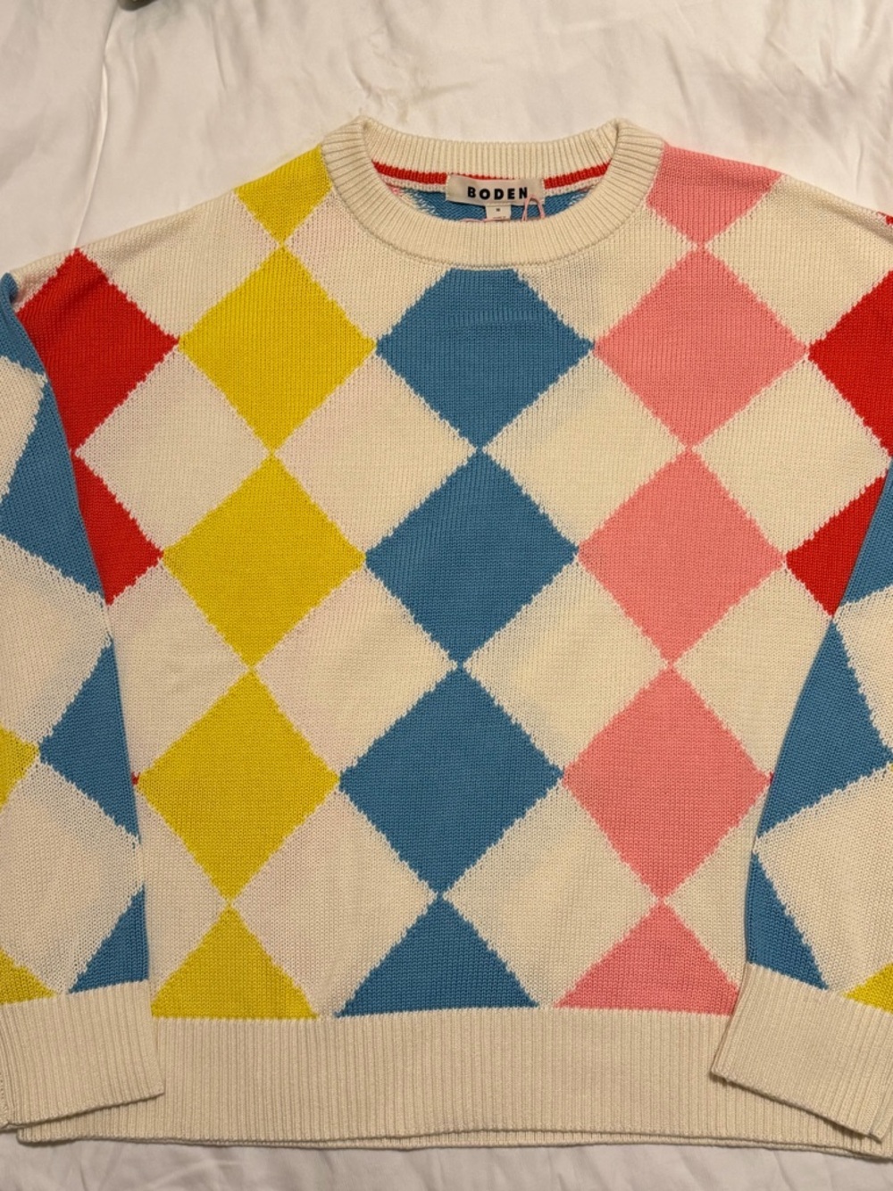Boden Multicolor Argyle Crewneck Sweater — Cream, Blue, Pink, Yellow, Red